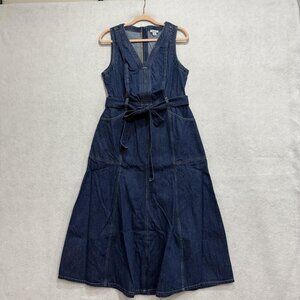 Sundance Dress Womens 12 Blue Denim Sleeveless V Neck Belted Midi A-Line Indigo